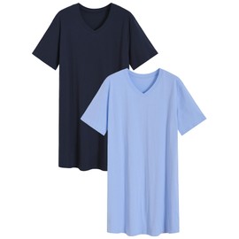 Latuza Men's Cotton Nightshirt Short Nightgown 2 Pack, Navy/Light Blue, Large
