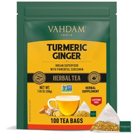 VAHDAM, Organic Turmeric Ginger Herbal Tea (100 Tea Bags) | USDA Certified, Caffeine Free, Blend of 100% Real Spices - Turmeric Tea & Ginger Tea | Herbal Tea Bags