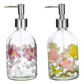 17oz Flower Glass Soap Dispenser Bottle with Plastic Pump,Set of 2