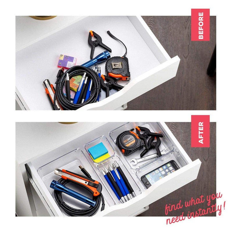 25 PCS Clear Plastic Drawer Organizers Set, 4-Size Versatile Bathroom
