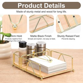 Napkin Holder for Table with Wooden Base, Gold Flat Napkin Holder, Metal Napkin Dispenser with Salt and Pepper Shakers Caddy, Modern Square Napkin Holders for Dining Table Decor, Kitchen