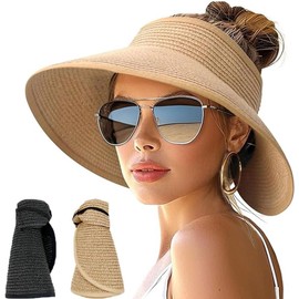 NDOOL Sombrero del Sol 2 Unidades, Sombrero de Visera para Mujer, Sombrero Paja, Gorra de Golf Ajustable, Sombrero de Playa, ala Ancha para Verano, Paquete 2 Packs