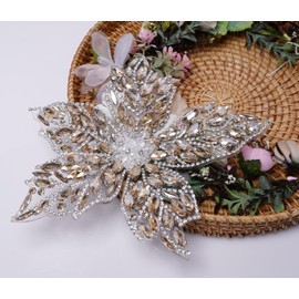 Feathers Creation Ltd Sparkling Rhinestone Curved 20 Cm Wide Applique Heavy Beads Motif Diamante Crystal Lace Patch Craft Sewing on Bridal Wedding Ball Dress Gown Iron On oe sewon (Beige)