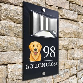Custom Signs Solar Illuminated Modern Anthracite House Number Sign 24cm x 14.5cm Golden Retriever Design