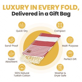 GOLD CASE HOME COLLECTION OLMYRA Original Turkish Beach Towel - 100% Cotton Sand Free Towel with Reusable Bag Gift for Vacation - XXL Lightweight Travel Bath Towels - 38 x 70 Inches - Red