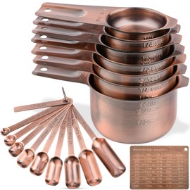 Copper Measuring Cups and Spoons Set, Stainless Steel Measuring Cups and Spoons Set, Metric & US 7 Measure Cup & 9 Long MeasureSpoon,1Leveler & 1Measure Equivalents for Kitchen & Baking