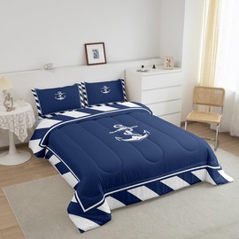 Feelyou Kids Navy Blue Nautical Anchor Bedding Set Twin Size,Sail Boat Anchor Comforter Set,Boys Girls Bedroom Room Decor,Ocean Nautical Theme Comforter,Anchor Bed Set