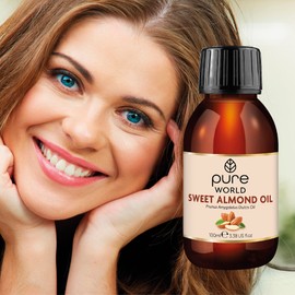Pure World Natural Sweet Almond Oil 100ML 100% Pure Undiluted Premium Quality Cold Pressed Almond Oil – Massage, Skin, Nails, Body and Face, Edible Vegan.