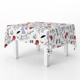 Xtremepads London City Doodles Elements Pattern Pattern - Rectangle Oblong Linen Tablecloth, 60" x 102" inches Washable Decorative Table Cloth