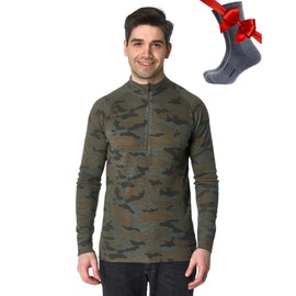 Merino Wool Base Layer Mens - Wool Half Zip Sweater Men - Merino Quarter Zip Sweater Lite, Midweight, Heavyweight and Socks (Large, 250 Camo)