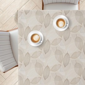 KP HOME PVC Washable Tablecloth - Square 140 x 140 cm, Beige Oilcloth Tablecloth with Linen Look, Waterproof, Wipe-Clean Tablecloth with Brown White Leaves, for Outdoor and Indoor Use