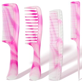 4 Pcs Unisex Hair Comb Set - Rat Tail, Wide & Fine Tooth and Dual-Sided Combs for Daily Detangling, Pink
