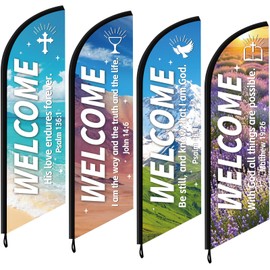 AmazingSpark 4 Pcs Church Welcome Feather Flags with Scripture Sanctuary Swooper Flag for Outside Inspirational Christian Banner Bible Hanging Sign for Worship Religious Sunday Service