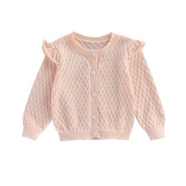 Toddler Baby Girl Warm Knitted Cardigan Long Sleeve Solid Color Sweater Cardigan Hollowed Ruffle Trim Knit Jumpers Sweatshirt Fall Winter Button-up Pullover Knitwear (Pink, 12_months-24_months)