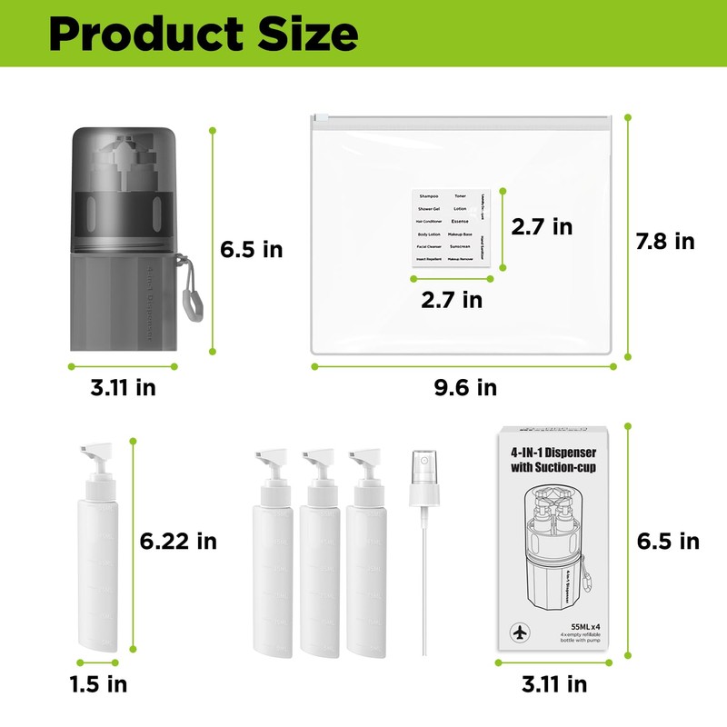 4 in 1 Travel Dispenser Bottle, TSA Approved Refillable Shampoo