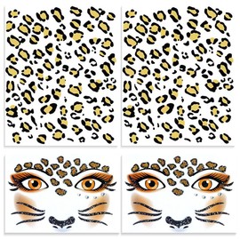 FENQURO 4 Pcs Face Sticker, leoparden tattoo gesicht, Tattoo, Leopard, Gesichts-Tattoo Glitzer Leopard, Gesichtstattoo Leopard, Temporäre Tattoo Aufkleber Gepard, Leopard Tattoo Gesicht