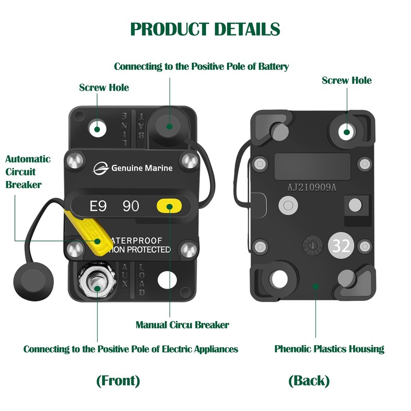 LENKRAD 90 Amp Marine Circuit Breaker Resettable 90A with Manual