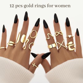 Gold Stackable Rings for Women Chunky, Thumb Pinky Adjustable 14K Gold Plated Rings Set, Fashion Cute Dainty Jewelry Pack Size 5/6/7/8/9/10/11