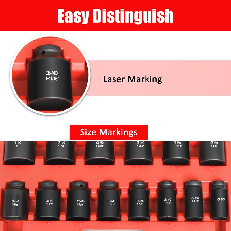 TONYNOL 3/4 Inch Drive Deep Impact Socket Set,6-Point,SAE Sizes(1“-2”),14 PCS,Cr-Mo