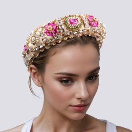 Luxury Baroque Big Wide Crystal Headband for Women Pearl Rhinestone Bead Decorative Hairband Jeweled Head Hoop Party Accessories (HDDY1077-pink)