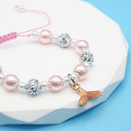 Cute Mermaid Bracelet Pink Pearl and Rhinestone Bracelet Mermaid Gifts for Daughter Niece Mermaid Lover Stuff Birthday Gifts (Tail Bracelet)
