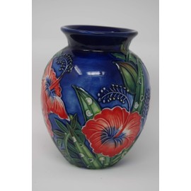 Old Tupton Ware Hibiscus Vase 4" 1599 Hand Made Tube Lined Pottery Blue & Red