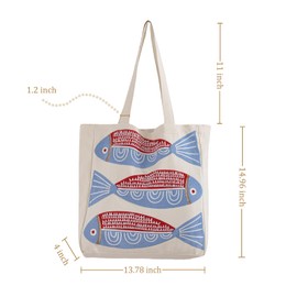 Perseverance Trade Ocean-Themed Embroidery Tote Bag for Women Summer Canvas Beach Bag with Magnetic Buckle and Zipper Inner Pocket Reusable Cotton Bag for Shopping Grocery Book Gift Gym(Blue Fish)