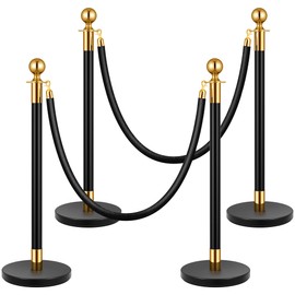VIVOHOME Heavy Duty Iron Stanchion Post Queue 4PCS Pole w/ 2 Black Velvet Ropes, Crowd Control Barriers w/Fillable Base for High-end Venues, Museums, Party Supplies (4 Pieces, Black and Golden)