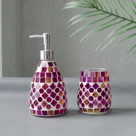 ELEGANTZ Bathroom Accessory Set – Mosaic Bathroom Accessories Set with Glass Soap Dispenser and Toothbrush Holder – Decorative Bathroom Accessories Countertop for Modern Bathroom Decor