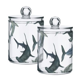 xigua 2 Pack Watercolor Sharks Apothecary Jars with Lid, Qtip Holder Storage Jars for Cotton Ball, Cotton Swab, Cotton Round Pads, Clear Plastic Canisters for Bathroom Vanity Organization (10 Oz)