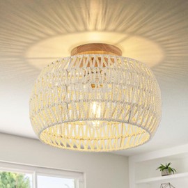 OCWHT Boho Ceiling Light Fixtures Cream White Rattan Chandelier Light Small Rattan Flush Mount Ceiling Light Hand-Woven Chandelier for Nursery Light Fixture Kitchen Farmhouse Bedroom Chandelier