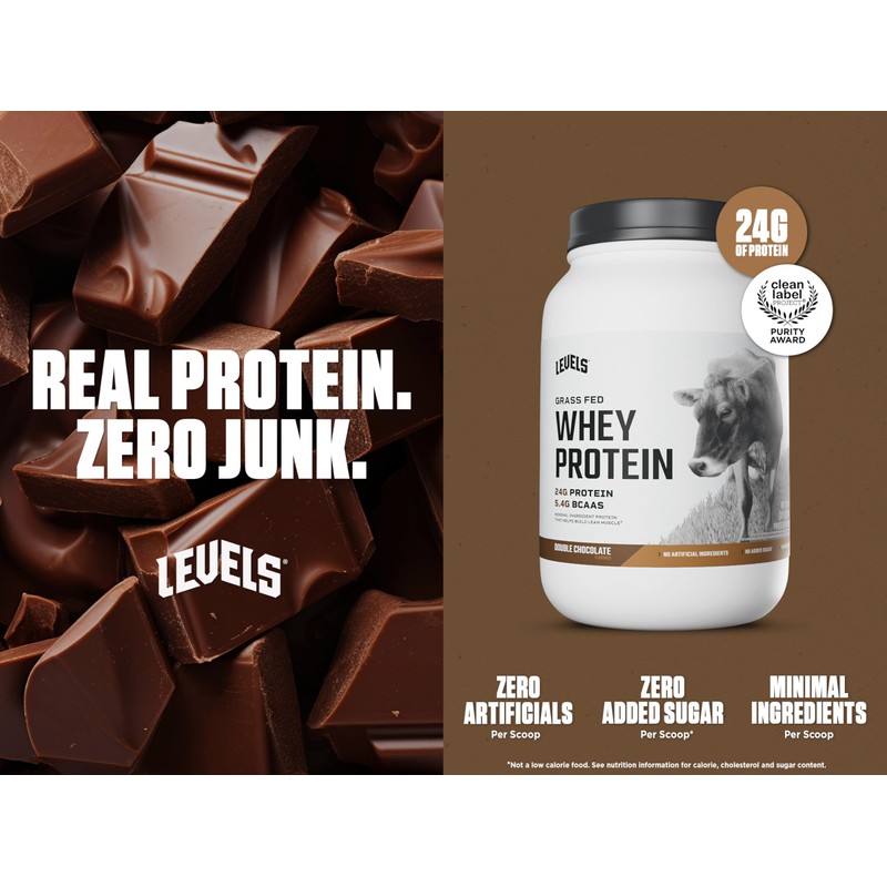 Levels Grass Fed Whey Protein Powder, No Artificials, 24G of