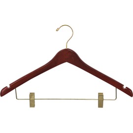 The Great American Hanger Company Curved Wood Combo Hanger w/Adjustable Cushion Clips, Box of 100 17 Inch Wooden Hangers w/Walnut Finish & Brass Swivel Hook & Notches for Shirt Jacket or Dress