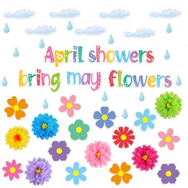 TaoBary 96 Pcs April Showers Bring May Flowers Bulletin Board Cutouts with 3D Tissue Paper Flower Spring Bulletin Board Classroom Decoration for School Home Game Party Supplies(Cloud)