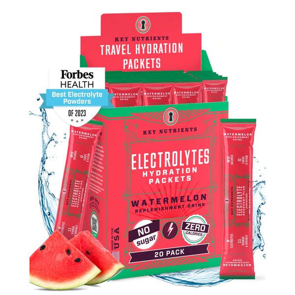 Key Nutrients Electrolytes Packets - Refreshing Watermelon 20 Pack - Electrolyte Powder - No Sugar, No Calories, Gluten Free - Powder and Packets (20, 40 or 90 Servings)