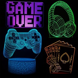 3D Gamepad Night Light,4 Patterns 3D Hologram Illusion Lamp,Dimmable Remote Contro,16 Colors Changing LED Light,Room Decor Earphone Bedside Desk Lamp,3D Game Over Lamp,Gift for Game Lover (Game)
