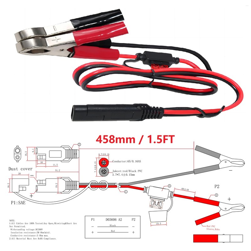 SAE to Battery Alligator Clip - KUNCAN 1.5FT 12V SAE
