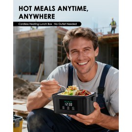 Aurevit Cordless Electric Lunch Box for Adults, 1.4L Heated Lunch Box for Men with Smart Meal Scheduling & Auto Keep Warm, Portable Food Warmer for Car with Insulated Bag, Ice Pack (Meteorite Black)