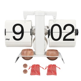 Digital Flip Clock 304 Stainless Steel Retro Battery Powered Mechanical Auto Page Turning Desk Clock with Solid Wood Diffuser for Living Room Office White