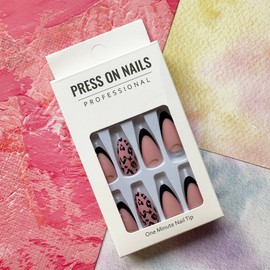 French Tip Press on Nails Medium Length Fake Nails Full Cover Almond Shaped False Nails with Designs Matte Black Nail Tips Glue on Nails Gold Foil Leopard Acrylic Nails for Women Girls Manicure