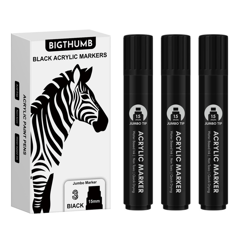 BIGTHUMB 3 Pcs Black Jumbo Permanent Markers: 15mm Wide Tip