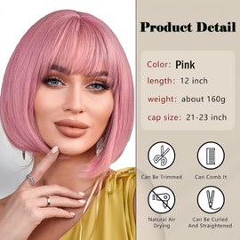 Lanseek Short Pink Bob Wig with Bangs 12 Inch Synthetic Hair Straight Bob Wig for Daily Party Cosplay