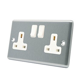 AET CSC2GSOCWH Satin Chrome Classical 2 Gang White Insert Plastic Rocker Switches-13 Amp Double Plug Socket, 240 V