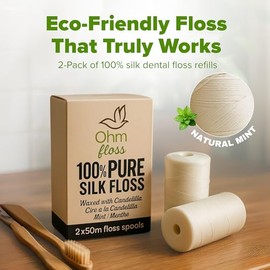 OhmFloss - Hilo dental biodegradable con soporte rellenable de bambú - encerado natural con candelilla, 100% compostable, bobina de seda natural de 55