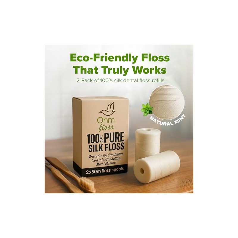 OhmFloss - Hilo dental biodegradable con soporte rellenable de bambú