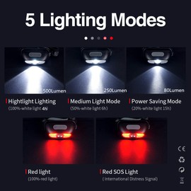 COSMOING Rechargeable Headlamp, 500 Lumen Ultra Bright Head Lamp 5 Lighting Modes with Red Light,IPX4 Waterproof Adjustable Strap Headlamp Flashlight for Adult Emergency, Running, Camping, Cycling