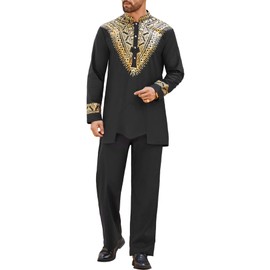 Pacinoble Mens African 2 Piece Set Metallic Traditional Suit Floral Printed Mens African Dashiki Shirt and Pants Outfit