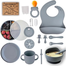Baby Silicone Feeding Set, 16 PCS Baby Feeding Set, Toddler Led Weaning Utensils Sets with Suction Bowl and Plate, Set of Baby Spoons and Forks, Adjustable Bid, Sippy Cup with Straw and 2 Lids (Gray)