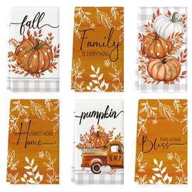 Artoid Mode Orange Buffalo Plaid Polka Dot Pumpkin Truck Fall Kitchen Towels Dish Towels, 18x26 Inch Autumn Leaves Decoration Hand Towels Set of 6