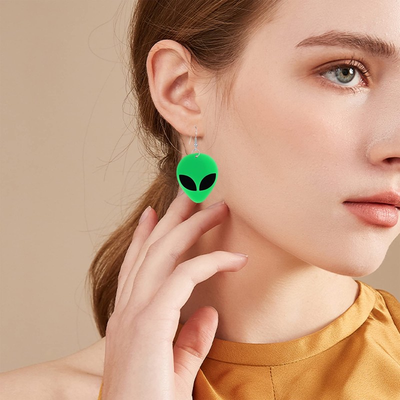 Just Follow Acrylic Punk Green Alien Face Dangle Earrings Big